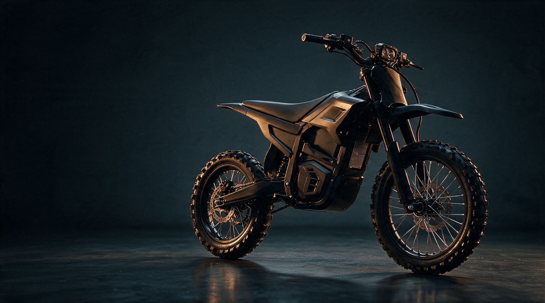 VOLTRIDGE ONE electric dirt bike, three-quarter view, studio lit