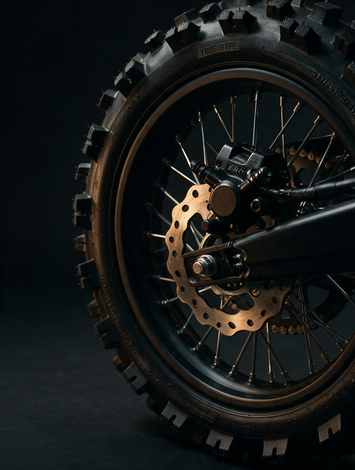 Hydraulic disc brake and spoked wheel detail
